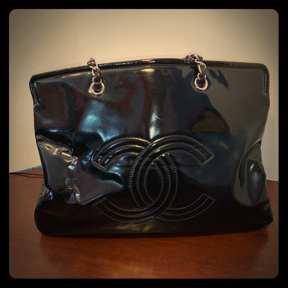 Chanel Black Patent Large Accordion Tote Bag